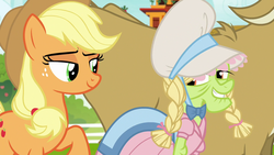 Size: 1280x720 | Tagged: safe, screencap, applejack, bessie, granny smith, cow, earth pony, pony, g4, it isn't the mane thing about you, bonnet, clothes, dress, eye contact, female, grin, lidded eyes, looking at each other, mare, raised hoof, smiling, wig