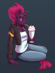 Size: 750x1000 | Tagged: safe, artist:wwredgrave, fizzlepop berrytwist, tempest shadow, unicorn, anthro, g4, my little pony: the movie, breasts, broken horn, cleavage, clothes, clothes swap, drinking, eye scar, female, horn, implied sunset shimmer, jeans, looking at you, low rise jeans, mare, milkshake, nail polish, pants, scar, simple background, solo, straw