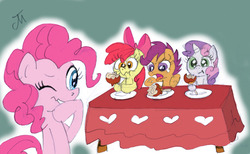 Size: 1290x797 | Tagged: dead source, safe, artist:jeffmartinez, apple bloom, pinkie pie, scootaloo, sweetie belle, g4, apple, candy apple, cutie mark crusaders, disgusted, eating, food, herbivore, onion, prank