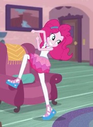Size: 403x552 | Tagged: safe, screencap, pinkie pie, equestria girls, g4, my little pony equestria girls: better together, pinkie sitting, chair, clothes, cropped, female, hairband, magical geodes, pantyhose, shoes, skirt, smiling, solo