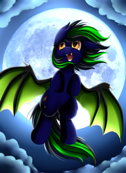 Size: 2187x3009 | Tagged: safe, artist:pridark, oc, oc only, bat pony, pony, bat pony oc, cloud, commission, full moon, high res, moon, night, open mouth, sky, solo