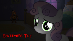 Size: 1280x720 | Tagged: safe, sweetie belle, unicorn, fanfic:sweetie's toy, g4, crossover, dark, fanfic, fanfic art, female, filly, five nights at freddy's, foal, freddy fazbear, frown, horn, night, scared, story included