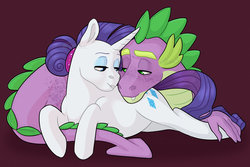Size: 1600x1067 | Tagged: safe, artist:whisperseas, rarity, spike, dragon, pony, unicorn, g4, adult, adult spike, cuddling, eye contact, female, freckles, grin, lidded eyes, looking at each other, male, mare, older, older spike, preggity, pregnant, prone, red background, ship:sparity, shipping, simple background, smiling, straight