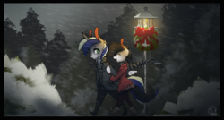 Size: 2146x1150 | Tagged: safe, artist:coltconcept, oc, oc only, oc:aurora, oc:silurian trace, pegasus, unicorn, anthro, plantigrade anthro, christmas, clothes, female, holiday, jacket, male, plushie, scenery, snow, straight, walking, winter