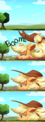 Size: 2500x6816 | Tagged: safe, artist:ncmares, applejack, rainbow dash, earth pony, pegasus, pony, g4, :p, apple, apple tree, big-apple-pony, comic, cowboy hat, dialogue, faceplant, falling, female, food, giant pony, hat, lidded eyes, looking down, macro, mare, pillow, pomf, silly, slice of life, snorting, stetson, surprised, tongue out, tree