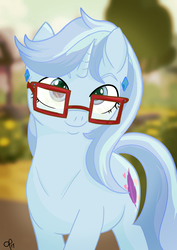 Size: 1275x1799 | Tagged: safe, artist:overlord pony, oc, oc only, oc:summer cloud, pony, unicorn, bust, commission, cute, ear piercing, earring, female, glasses, happy, jewelry, looking at you, mare, park, piercing, smiling, solo