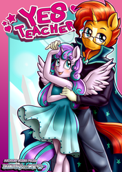 Size: 1860x2622 | Tagged: safe, artist:anibaruthecat, princess flurry heart, sunburst, alicorn, unicorn, anthro, g4, age difference, blushing, clothes, dress, female, filly, flurryburst, glasses, male, shipping, stallion, student and teacher