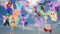 Size: 3588x2074 | Tagged: safe, artist:dashiesparkle, artist:luckreza8, artist:user15432, fluttershy, rainbow dash, twilight sparkle, alicorn, fairy, human, pegasus, pony, puffball, g4, aisha, bloom (winx club), blue sky, butterflix, cloud, crossover, dark pit, dragonfly wings, fairies, fairies are magic, fairy wings, flora (winx club), flying, high res, humanized, irl, kid icarus, kid icarus: uprising, kirby, kirby (series), layla, luigi, male, maridash, mario, mario & luigi, musa, nintendo, photo, pit (kid icarus), rainbow s.r.l, roxy (winx club), stella (winx club), sunlight, super mario bros., super smash bros., tecna, twilight sparkle (alicorn), winged humanization, wings, winx, winx club