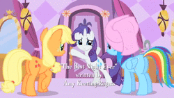 Size: 1280x720 | Tagged: safe, screencap, applejack, rainbow dash, rarity, earth pony, pegasus, pony, unicorn, g4, the best night ever, animated, bipedal, blinking, door, eye contact, female, frown, glare, lidded eyes, looking at each other, mare, raised hoof, smiling, sound, talking, towel, towel on head, unamused, underhoof, we don't normally wear clothes, webm