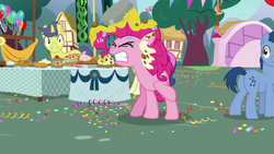 Size: 1920x1080 | Tagged: safe, screencap, blues, bon bon, comet tail, noteworthy, pinkie pie, sweetie drops, g4, secrets and pies, angry, betrayed, butt, confetti, eyes closed, gritted teeth, messy, pie tin, plot