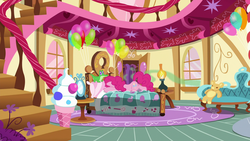 Size: 1920x1080 | Tagged: safe, screencap, gummy, pinkie pie, alligator, earth pony, pony, g4, season 7, secrets and pies, balloon, bed, face down, female, male, mare, pinkie's bedroom, smelly, teddy bear, visible stench, window