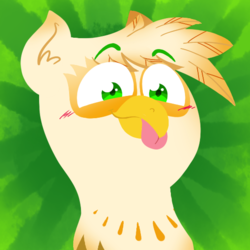 Size: 550x550 | Tagged: safe, artist:alittleofsomething, oc, oc only, oc:ember burd, griffon, :p, bust, commission, eared griffon, griffon oc, lineless, male, portrait, silly, solo, sunburst background, tongue out
