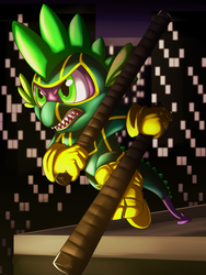 Size: 2700x3600 | Tagged: safe, artist:heart-of-a-dragoness, spike, dragon, g4, city, clothes, commission, costume, crossover, eskrima sticks, high res, kick-ass, male, solo, superhero