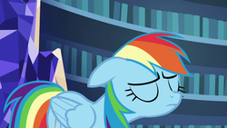 Size: 1920x1080 | Tagged: safe, screencap, rainbow dash, g4, secrets and pies, eyes closed, female, solo, twilight's castle