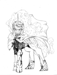 Size: 5036x6604 | Tagged: safe, artist:alts-art, princess luna, alicorn, pony, g4, absurd resolution, clothes, female, final fantasy, final fantasy vii, ink, inktober, looking at you, mare, monochrome, simple background, sketch, solo, traditional art, vincent valentine