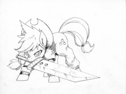 Size: 6588x4959 | Tagged: safe, artist:alts-art, applejack, pony, g4, absurd resolution, alternate hairstyle, applejack's hat, buster sword, clothes, cloud strife, cowboy hat, female, final fantasy, final fantasy vii, grayscale, hat, inktober, mare, monochrome, mouth hold, solo, sword, traditional art, weapon