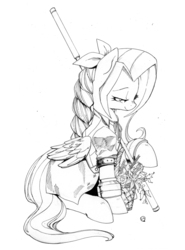 Size: 4908x6624 | Tagged: safe, artist:alts-art, fluttershy, pony, g4, absurd resolution, aeris, aerith gainsborough, alternate hairstyle, basket, clothes, female, final fantasy, final fantasy vii, flower basket, folded wings, inktober, lidded eyes, looking at something, looking down, monochrome, raised hoof, sitting, smiling, solo, traditional art, wings