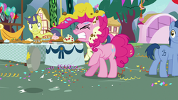 Size: 1920x1080 | Tagged: safe, screencap, blues, bon bon, noteworthy, pinkie pie, sweetie drops, g4, secrets and pies, angry, balloon, butt, food, furious, pie, pie tin, plot, yelling