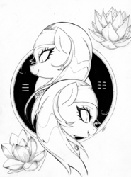 Size: 5229x7070 | Tagged: safe, artist:alts-art, aloe, lotus blossom, pony, g4, absurd resolution, cutie mark background, duo, duo female, female, inktober, looking at you, mare, monochrome, open mouth, smiling, spa twins, traditional art