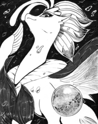 Size: 3281x4132 | Tagged: safe, artist:alts-art, queen novo, pony, seapony (g4), g4, my little pony: the movie, female, inktober, looking at you, monochrome, orb, pearl, queen novo's orb, smiling, solo, traditional art, underwater