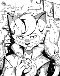 Size: 3276x4135 | Tagged: safe, artist:alts-art, capper dapperpaws, abyssinian, cat, anthro, g4, my little pony: the movie, brick wall, bust, chest fluff, fruit, grayscale, inktober, looking at you, male, monochrome, solo, traditional art