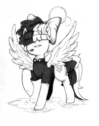 Size: 4988x6353 | Tagged: safe, artist:alts-art, songbird serenade, pegasus, pony, g4, my little pony: the movie, absurd resolution, clothes, female, hair over eyes, inktober, mare, microphone, monochrome, smiling, solo, spread legs, spreading, traditional art