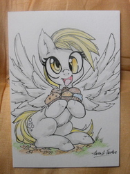 Size: 3648x2736 | Tagged: safe, artist:alts-art, derpy hooves, pony, g4, female, food, high res, inktober, muffin, open mouth, smiling, solo, spread wings, tongue out, traditional art, wings