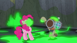 Size: 1920x1080 | Tagged: safe, screencap, pinkie pie, earth pony, pony, g4, season 7, shadow play, blindfold, blink and you'll miss it, diving suit, female, mare, slime, solo, somnambula (location)