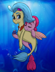Size: 2975x3850 | Tagged: safe, artist:lula-moonarts, pinkie pie, princess skystar, shelldon, pony, seapony (g4), g4, my little pony: the movie, female, high res, lesbian, seaponified, seapony pinkie pie, ship:skypie, shipping, smiling, species swap, thick eyebrows, underwater