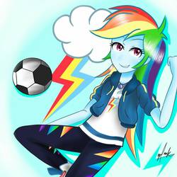 Size: 1280x1280 | Tagged: safe, artist:markvoid21, rainbow dash, equestria girls, g4, my little pony equestria girls: better together, ball, clothes, female, pants, shoes, signature, solo