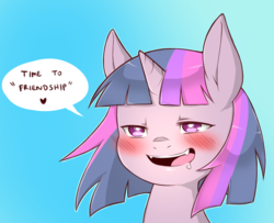 Size: 1196x970 | Tagged: safe, artist:cold-blooded-twilight, twilight sparkle, pony, g4, alternate design, bedroom eyes, blushing, cute, cute little fangs, cyan background, dialogue, drool, fangs, female, friendship, gradient background, heart, lewd, open mouth, simple background, smiling, solo, speech bubble