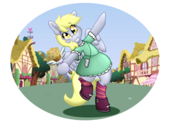 Size: 3507x2480 | Tagged: safe, artist:tatemil, derpy hooves, pony, g4, clothes, crossover, dress, food, high res, muffin, ponyville, silly, silly pony, star vs the forces of evil, wand