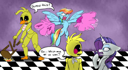 Size: 2099x1153 | Tagged: safe, artist:ggchristian, rainbow dash, rarity, pony, g4, chica, clothes, crossover, derp, dress, five nights at freddy's, stool, toy chica