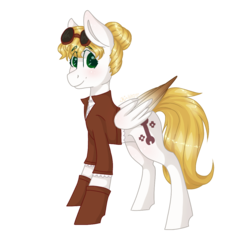 Size: 1200x1144 | Tagged: safe, artist:person8149, oc, oc only, oc:gearspinner, pegasus, pony, clothes, colored wings, colored wingtips, goggles, male, shirt, simple background, solo, stallion, transparent background