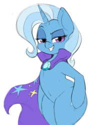 Size: 1084x1330 | Tagged: safe, artist:spectre-z, trixie, pony, unicorn, semi-anthro, g4, bedroom eyes, belly button, bipedal, cape, clothes, colored sketch, curvy, drawpile, female, grin, lidded eyes, simple background, sketch, smiling, smug, solo, standing, thunder thighs, trixie's cape, white background, wide hips