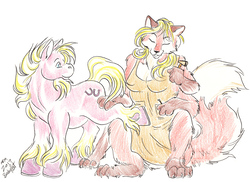 Size: 1200x875 | Tagged: safe, artist:bushycat, cat, chakat, earth pony, pony, taur, 2017, blacksmith, blonde hair, blonde mane, breasts, clothes, crossover, cutie mark, duo, farrier, furry, horseshoes, nudity, unshorn fetlocks