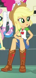 Size: 232x497 | Tagged: safe, screencap, applejack, fluttershy, pinkie pie, equestria girls, g4, my little pony equestria girls: better together, overpowered (equestria girls), applejack's hat, boots, clothes, cowboy boots, cowboy hat, female, geode of super strength, hat, shoes, skirt