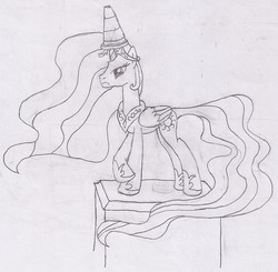 Size: 1516x1486 | Tagged: safe, artist:parclytaxel, princess celestia, alicorn, pony, g4, celestia is not amused, crossed hooves, female, fine art parody, glasgow, lineart, mare, monochrome, pencil drawing, plinth, solo, statue, traditional art, traffic cone, unamused, wellington statue