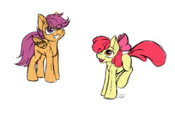 Size: 1697x1109 | Tagged: safe, artist:ggchristian, apple bloom, scootaloo, earth pony, pegasus, pony, g4, bow, duo, female, filly, hair bow, simple background, sketch, white background