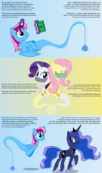 Size: 4096x6912 | Tagged: safe, artist:parclytaxel, fluttershy, princess luna, rarity, oc, oc:parcly taxel, alicorn, genie, genie pony, pegasus, pony, unicorn, ain't never had friends like us, albumin flask, ask generous genie rarity, g4, .svg available, absurd resolution, alicorn oc, armband, ask, bilingual, book, bottle, comic, eyes closed, female, french, gradient background, horn, horn ring, lesbian, levitation, looking back, lying down, magic, mare, mind control, mlem, on back, raised hoof, reading, ship:flarity, silly, silly pony, smiling, tangled up, telekinesis, tied in a knot, tongue out, tumblr, vector, veil