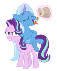 Size: 1200x1500 | Tagged: safe, artist:sazanamibd, starlight glimmer, trixie, pony, unicorn, g4, cinnamon nuts, duo, eating, evil grin, eyes closed, female, food, glowing horn, grin, horn, mare, nuts, open mouth, ponies riding ponies, riding, simple background, smiling, tongue out, transparent background, trixie riding starlight glimmer, vector