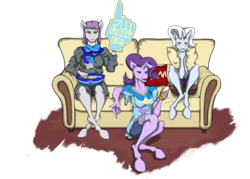Size: 3500x2500 | Tagged: safe, artist:2d20, maud pie, starlight glimmer, trixie, anthro, g4, /mlp/, 4chan, 4chan cup, couch, food, high res, popcorn, relaxing, soda, trio