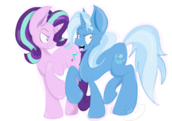 Size: 1280x902 | Tagged: safe, artist:starxieeveryday, starlight glimmer, trixie, pony, unicorn, g4, duo, female, lesbian, mare, open mouth, raised hoof, ship:startrix, shipping, simple background, smiling, transparent background