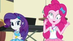 Size: 1280x720 | Tagged: safe, screencap, pinkie pie, rarity, equestria girls, equestria girls series, g4, overpowered (equestria girls), derp, geode of shielding, geode of sugar bombs, pinkie being pinkie, silly human