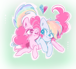 Size: 552x506 | Tagged: safe, artist:pinkablue, pinkie pie, rainbow dash, earth pony, pegasus, pony, g4, blushing, duo, female, green background, heart, lesbian, mare, one eye closed, ship:pinkiedash, shipping, simple background, smiling