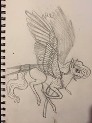 Size: 1024x1365 | Tagged: safe, artist:serenitydragonwing, oc, oc only, oc:dream weaver, pegasus, pony, female, mare, monochrome, solo, tail feathers, traditional art