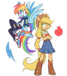 Size: 1673x1893 | Tagged: safe, artist:xenon, applejack, rainbow dash, anthro, equestria girls, equestria girls series, g4, applejack's hat, belt, boots, clothes, converse, cowboy boots, cowboy hat, crossed arms, cute, denim skirt, duo, equestria girls outfit, flying, freckles, geode of super speed, geode of super strength, hat, long hair, magical geodes, open mouth, ponied up, shoes, simple background, skirt, smiling, spread wings, stetson, white background, wings