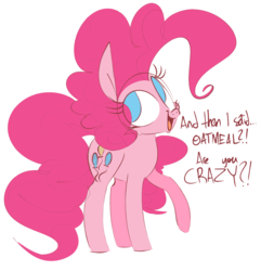 Size: 2262x2351 | Tagged: safe, artist:hattsy, pinkie pie, earth pony, pony, g4, the ticket master, cute, dialogue, diapinkes, eye clipping through hair, female, high res, mare, no catchlights, no pupils, oatmeal are you crazy, open mouth, raised hoof, simple background, smiling, solo, white background
