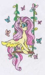 Size: 1024x1691 | Tagged: safe, artist:draw1709, fluttershy, butterfly, pegasus, pony, g4, female, no pupils, sitting, solo, spread wings, swing, traditional art, wings