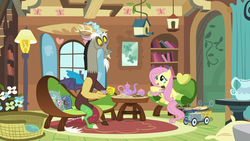 Size: 1280x720 | Tagged: safe, screencap, discord, fluttershy, draconequus, pegasus, pony, discordant harmony, g4, carrot-ginger sandwich, cup, duo, duo male and female, female, fluttershy's cottage, fluttershy's cottage (interior), food, male, plate, sandwich, smiling, tea party, teacup, teapot